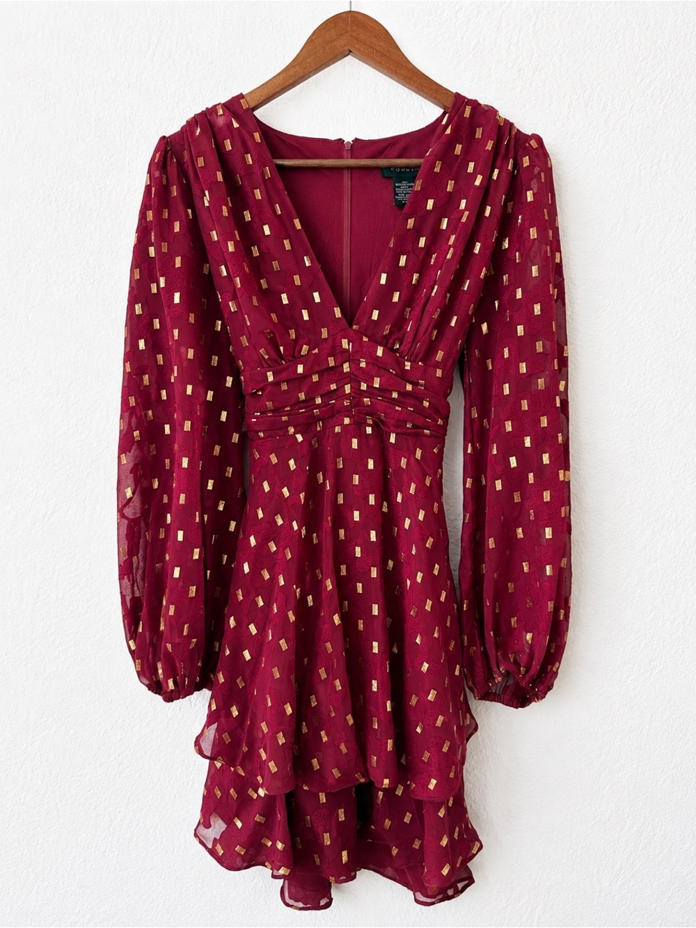 B Darlin Burgundy and Gold V-Neck Long Sleeve Mini Dress